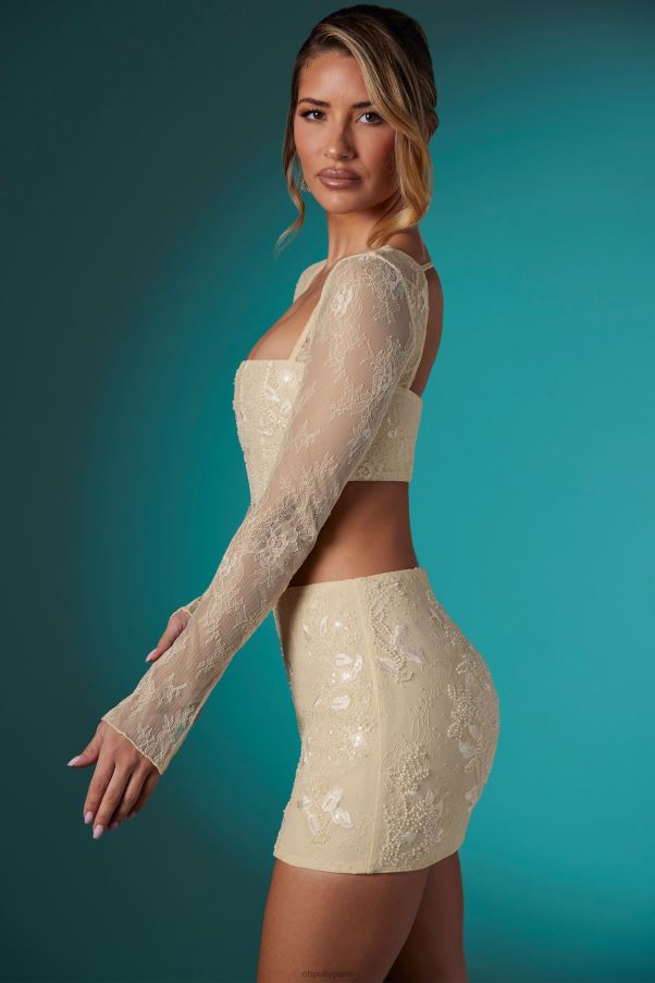 Ivoire neve - top court corset en dentelle ornée à manches longues Z0R8H621 Oh Polly