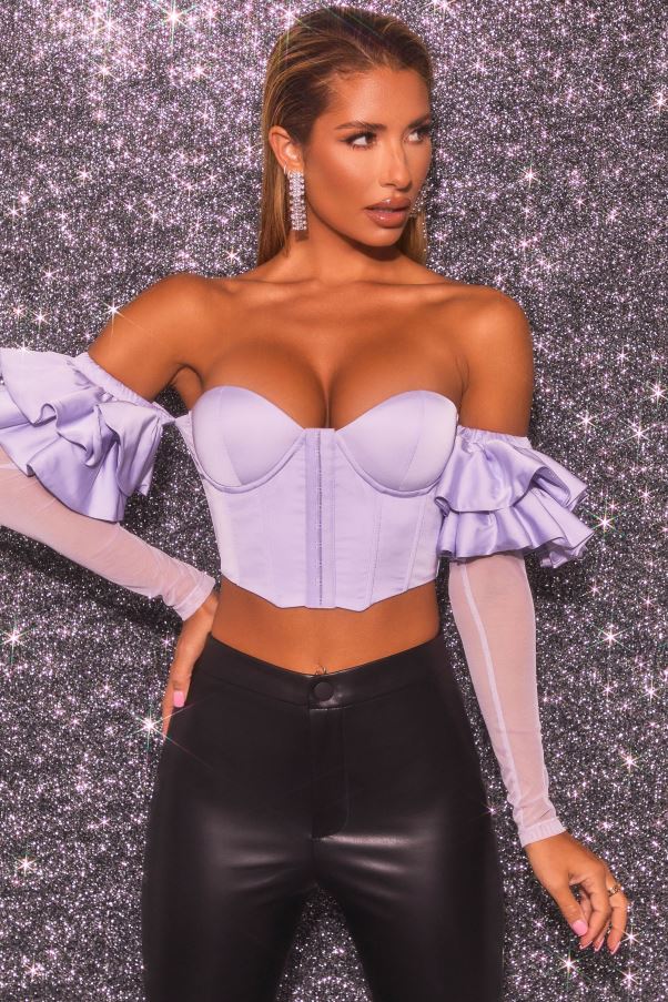 lilas Love Charm - Bardot - Haut court corset à manches longues à volants Z0R8H685 Oh Polly