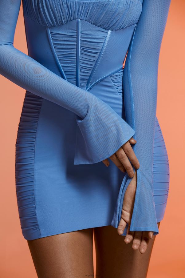 bleu tasnim - robe courte froncée à manches longues Z0R8H168 Oh Polly