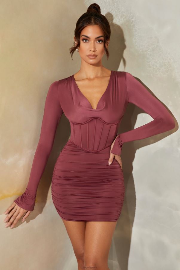mauve foncé Della - Robe courte corset à manches longues et col bénitier Z0R8H373 Oh Polly