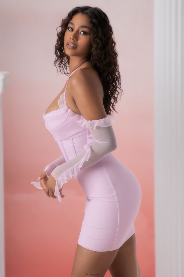 rose Makaria - Robe courte à col bénitier et volants Z0R8H445 Oh Polly