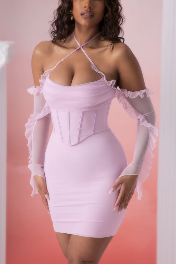 rose Makaria - Robe courte à col bénitier et volants Z0R8H445 Oh Polly