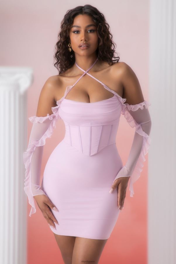 rose Makaria - Robe courte à col bénitier et volants Z0R8H445 Oh Polly