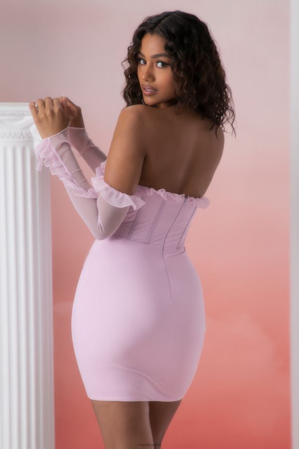 rose Makaria - Robe courte à col bénitier et volants Z0R8H445 Oh Polly