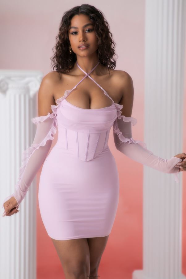 rose Makaria - Robe courte à col bénitier et volants Z0R8H445 Oh Polly