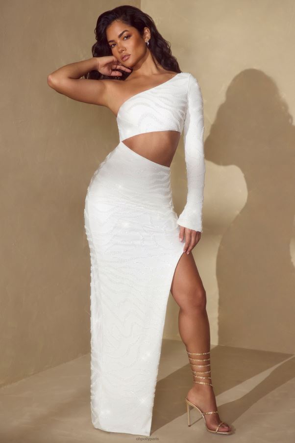 blanc cassé Seren - Robe longue découpée à manches simples Z0R8H54 Oh Polly