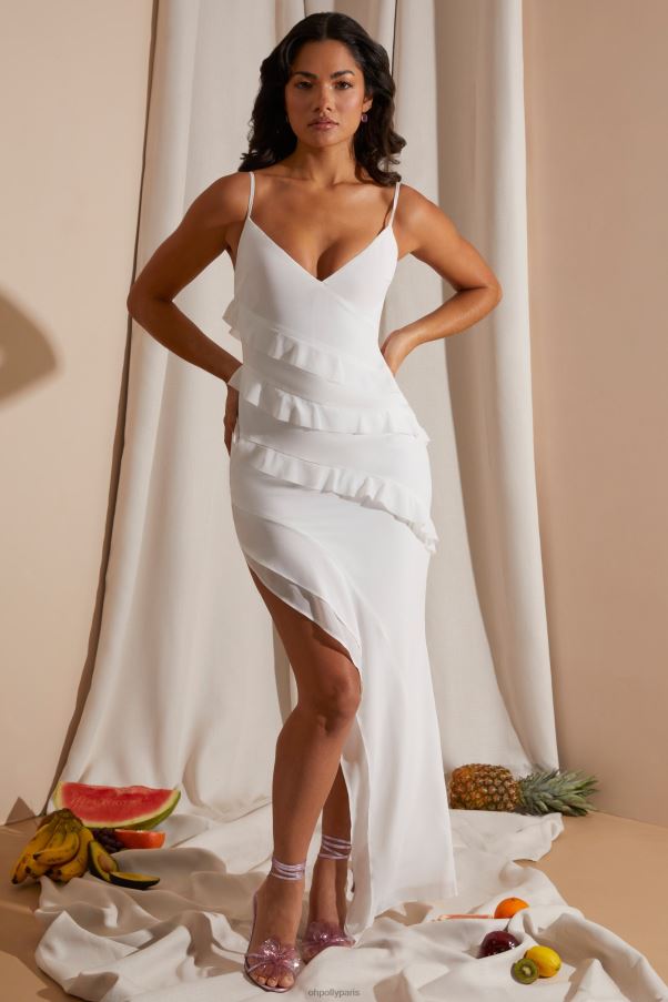 blanc robe longue asymétrique benoite avec plusieurs bretelles et volants Z0R8H241 Oh Polly