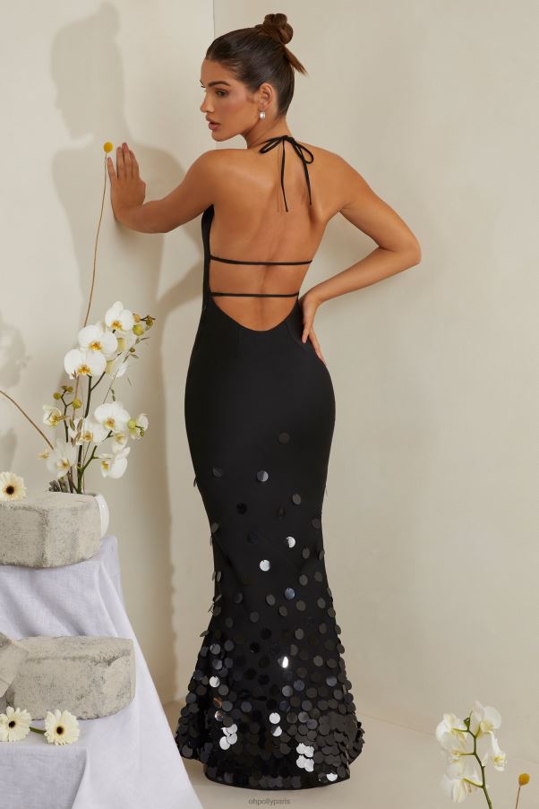 noir magnolia - robe longue en satin ornée à col bénitier Z0R8H217 Oh Polly